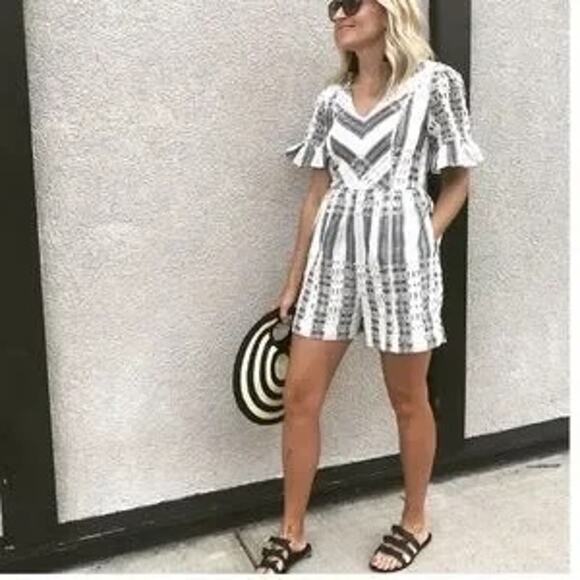 Anthropologie Ett:twa Striped Eyelet Romper Short Sleeve White Gray Blue 10 - Picture 3 of 16